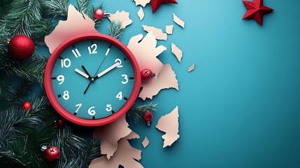 A red clock with blue face and white hands set at 1155 with red Christmas ornaments and a green pine branch on a light blue background.