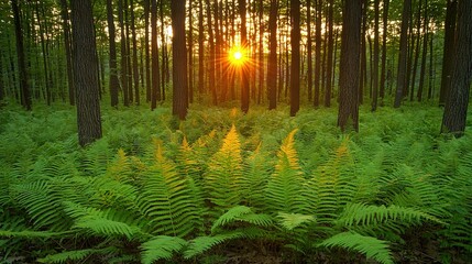   The sun shines through green ferns and fronds in a forest filled with them, illuminating the trees in the distance