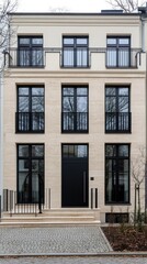Obraz premium The facade showcases light beige stone, black-framed windows, and cladding, framed by autumn foliage and a cobblestone path in the soft glow of the evening sun