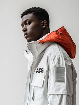 White jacket with the letters "ACG", sports style design, techwear jacket, man in profile, all white background, hyper realistic fashion photography.