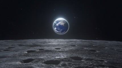 A surreal view of Earth rising over the horizon of the Moon