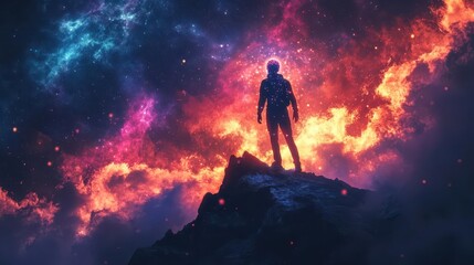 Obraz premium triumphant holographic avatar celebrating on a virtual mountain peak digital particles swirl around the figure creating a sense of accomplishment in a gamified fitness app