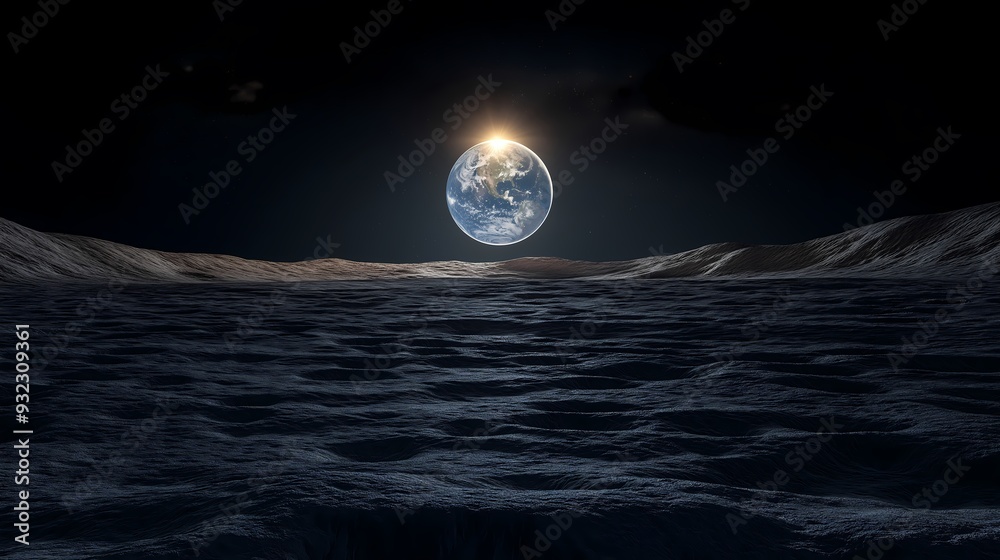 Wall mural A surreal view of Earth rising over the horizon of the Moon