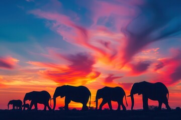 Fototapeta premium Elephants march gracefully against a stunning sunset with colorful clouds, showcasing nature's beauty in a serene setting. Generative AI