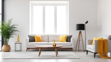 Interior of a bright living room with armchair on empty white wall background
