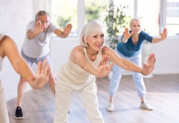 Group of positive adults engaged in dynamic dance in training room during workout session