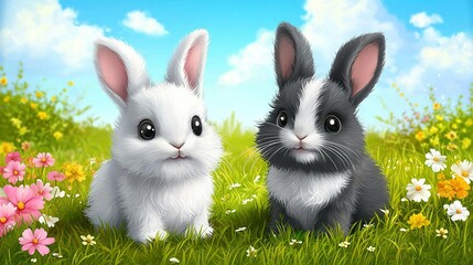 Obraz premium A pair of rabbits rest near blades of grass and vibrant blooms against a cerulean backdrop