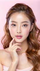 Fototapeta premium Young woman with wavy, light brown hair poses thoughtfully against a pink background, showcasing a natural makeup look and elegant expression. Generative AI