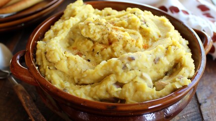 Bowl of madrouba a creamy dish made with mashed rice chicken and spices served as a comforting and hearty food meal