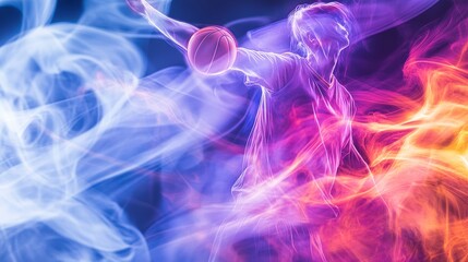 A basketball player is jumping in the air with a basketball