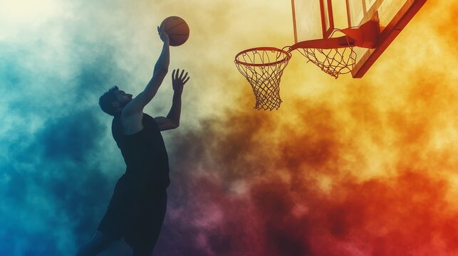 A basketball player is jumping in the air with a basketball