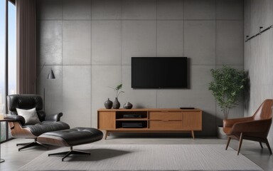 Living room interior have cabinet for tv and leather armchair in cement room with concrete wall