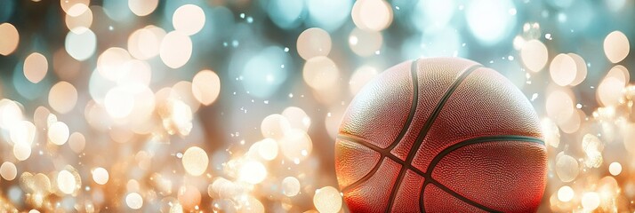 A basketball is sitting on a wet surface with a blurry background