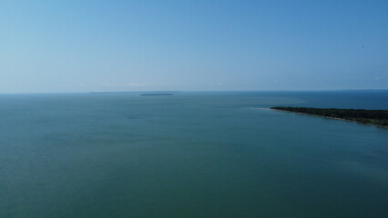 A drone shot of Lake Erie showing Fish Point/Pelee Island and Middle Island
