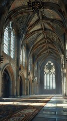 Fototapeta premium The gothic church interior features high arches and beautiful stained glass, casting colorful light across the stone floor