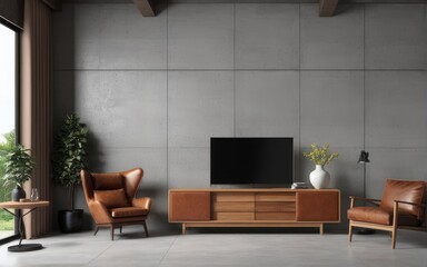 Living room interior have cabinet for tv and leather armchair in cement room with concrete wall