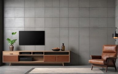 Living room interior have cabinet for tv and leather armchair in cement room with concrete wall