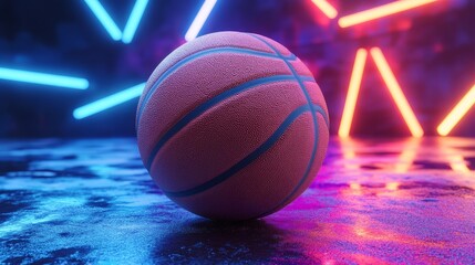 A basketball is sitting on a wet floor with neon lights in the background