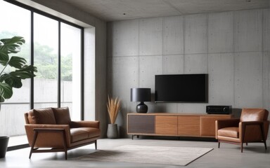 Living room interior have cabinet for tv and leather armchair in cement room with concrete wall