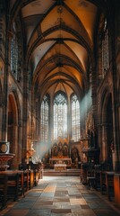 Naklejka premium Sunlight streams through stained glass windows, illuminating the gothic architecture and serene atmosphere within the church