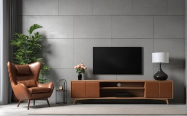 Living room interior have cabinet for tv and leather armchair in cement room with concrete wall
