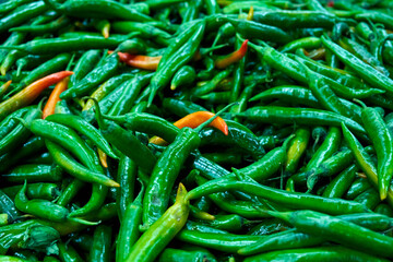 The texture of many green spicy long peppers is displayed in the store.
