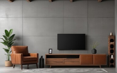 Living room interior have cabinet for tv and leather armchair in cement room with concrete wall