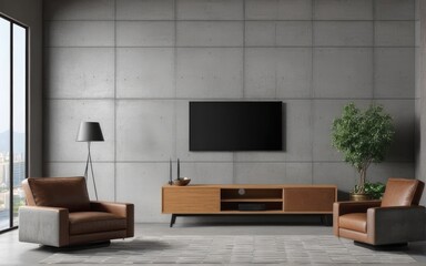 Living room interior have cabinet for tv and leather armchair in cement room with concrete wall