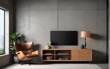 Living room interior have cabinet for tv and leather armchair in cement room with concrete wall