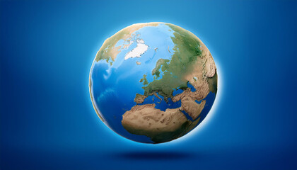 Fototapeta premium 青い背景に浮かぶ地球が描かれています。地球はヨーロッパと北アフリカ、アジア西部を中心に表示されており、陸地の地形や海洋の青が鮮明に表現されています。地球の姿がシンプルでありながらも、世界の広がりと美しさを感じさせる構図となっています。generative AI
