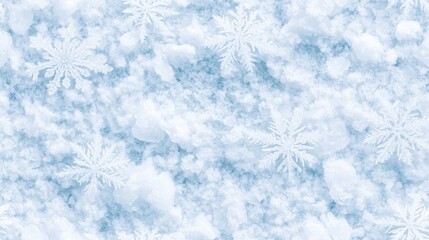 White snowflakes on a plain white or blue background, highlighting their unique symmetrical patterns. SEAMLESS PATTERN.