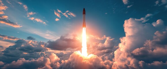 A rocket launch into the blue sky, leaving a trail of smoke and fire behind it.
