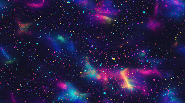  A seamless pattern with minimalistic holographic Galaxy moon, stars and planets - Glowing neon rainbow background.