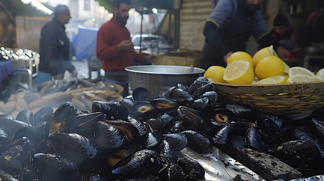 Bustling street food scene featuring midye dolma stuffed mussels served with fresh lemon