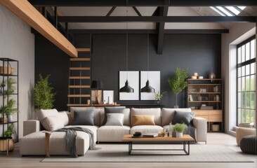 Loft style house with sofa and accessories in the room