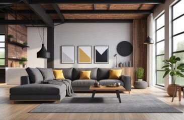 Loft style house with sofa and accessories in the room