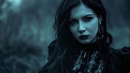 Fototapeta premium A witch in an old dress roams a foggy forest, radiating eerie enchantment and mystery