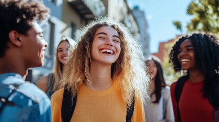 Fototapeta premium Laughing Girl With Friends in the City