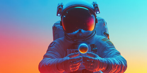 3d astronaut in a spacesuit holding a small planet on a colored background with copy space