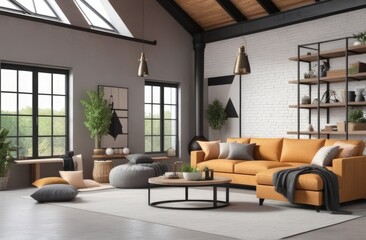 Fototapeta premium Loft style house with sofa and accessories in the room
