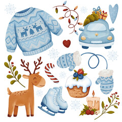 Christmas watercolor elements with a car with gifts and a Christmas tree, a sweater, skates and branches, red berries, a garland and mittens. Winter drawings clipart, on a transparent background.