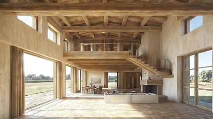 Fototapeta premium A spacious room featuring hardwood floors & an upstairs staircase, with expansive windows