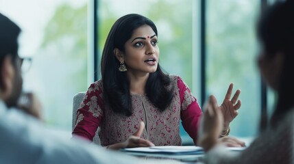 Confident Indian businesswoman leading a meeting with colleagues in a modern office setting, showcasing leadership skills in traditional attire