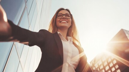 Stylish businesswoman in glasses standing confidently outside a modern office building, exuding professionalism and positivity.