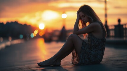 Young woman sitting on the edge of a pier at sunset, contemplating life and her future, lost in deep reflection under the warm glow of the setting sun.