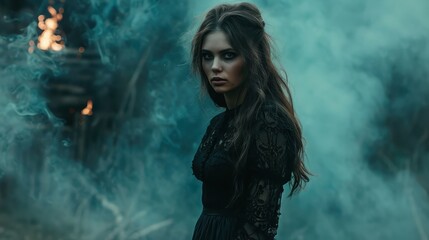 Fototapeta premium A woman in an old dress stands in a smoky, dark forest, embodying a witch from medieval folklore