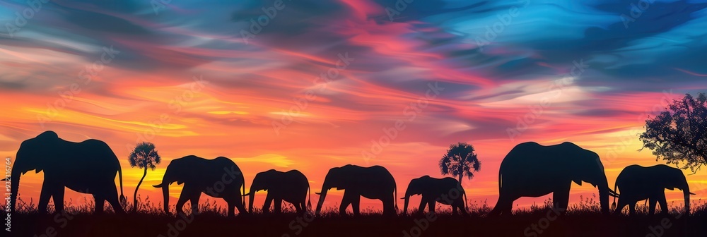 Poster a group of elephants strolls through the savanna as the sun sets, casting vibrant colors across the 