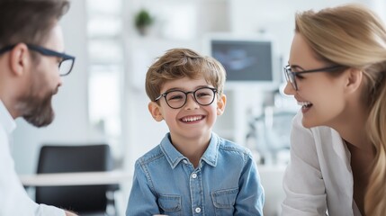 Obraz premium Happy Family of Three at Eye Doctor s Office Smiling Together with Boy Wearing Glasses, Healthcare Concept Image for Optometry Website or Brochure