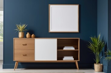 Mockup frame on cabinet in living room interior on empty dark blue wall background