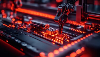 Fototapeta premium Automated factory with robotic arms assembling products on a conveyor belt, Industrial, HighTech, Dynamic